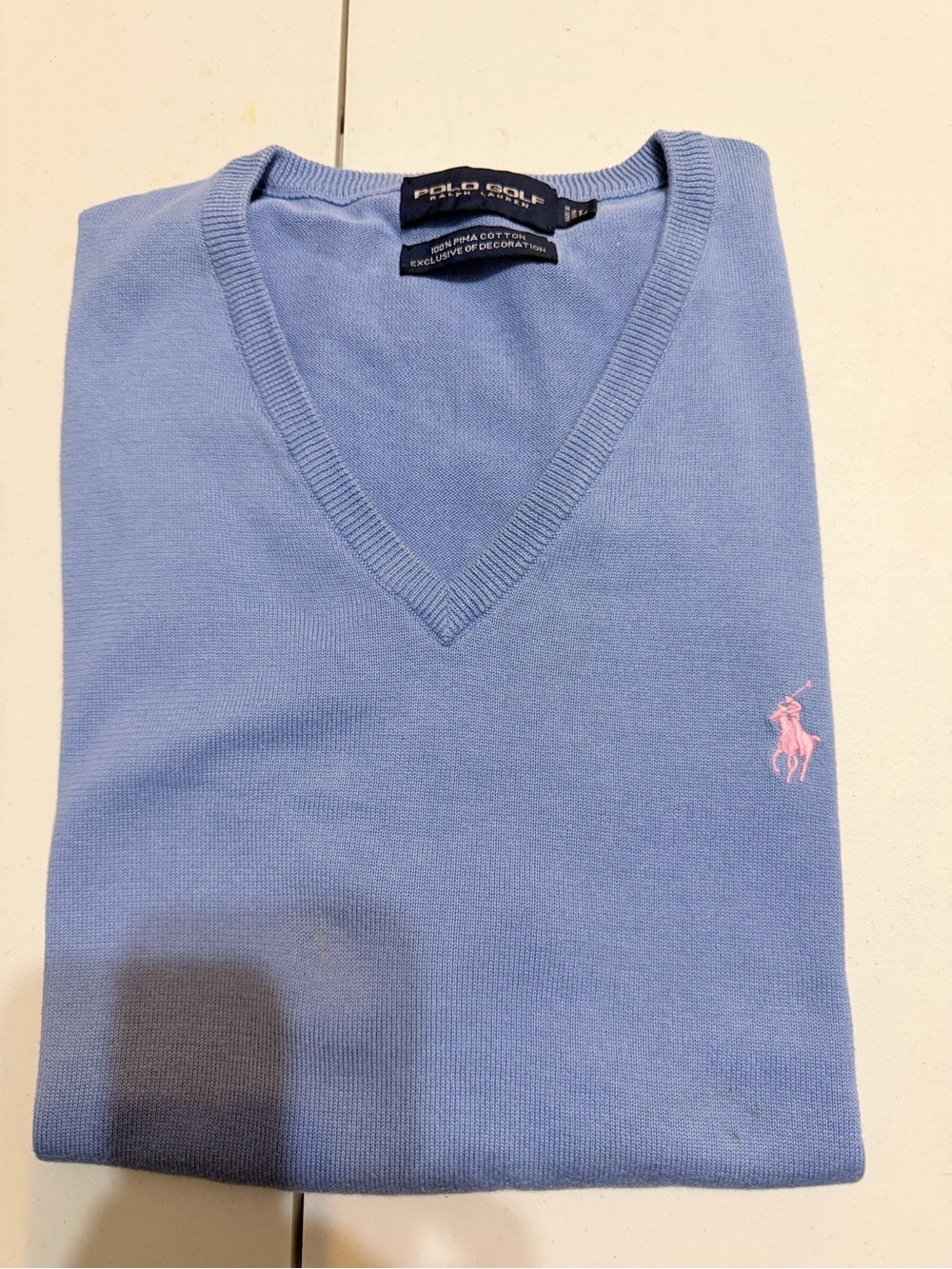 Polo by Ralph Lauren Light Blue V-Neck Sweater with Pink Pony